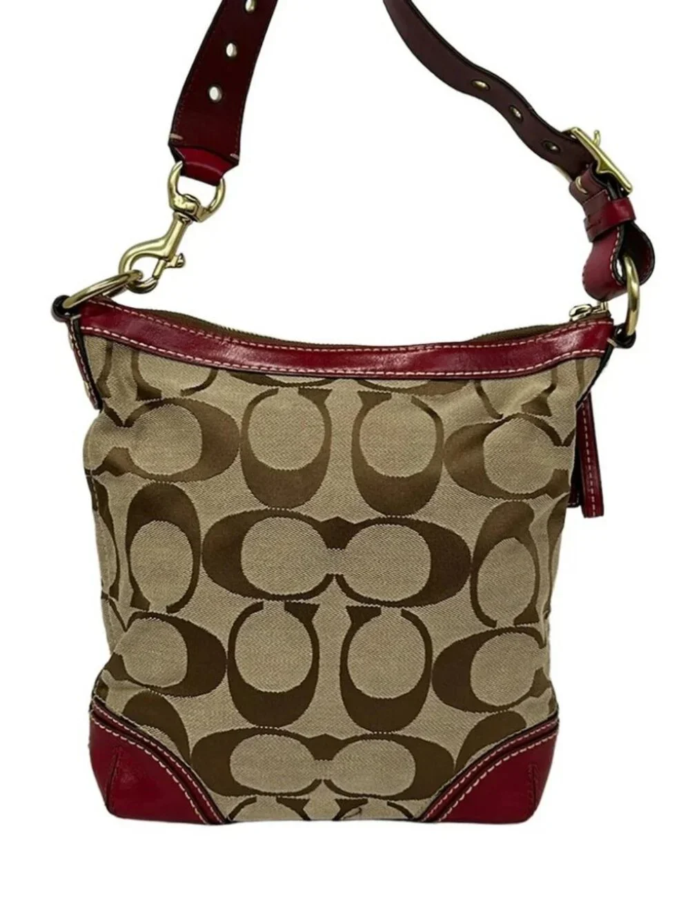 COACH Hampton Stripe Medium Duffle Shoulder Bag 10542 Dark Brown Beige Bordeaux
